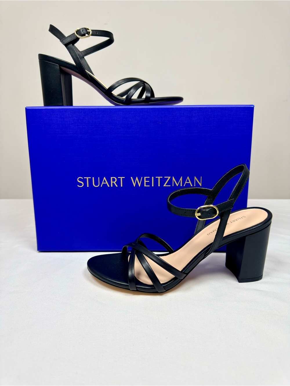 Stuart Weitzman 75MM Starla Leather Block Heel Sandals - Black Size 6.5
